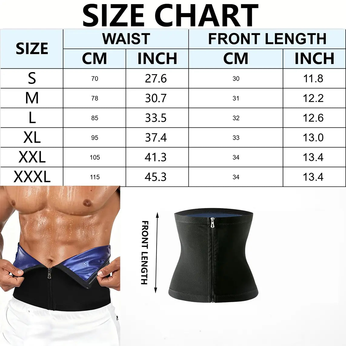Waist Trainer Trimmer Zipper Sweat Belt Band for Men, Sauna Belt Suit Workout, Sporty Design, All Seasons, Plain Pattern, Fitness Waist Trainer