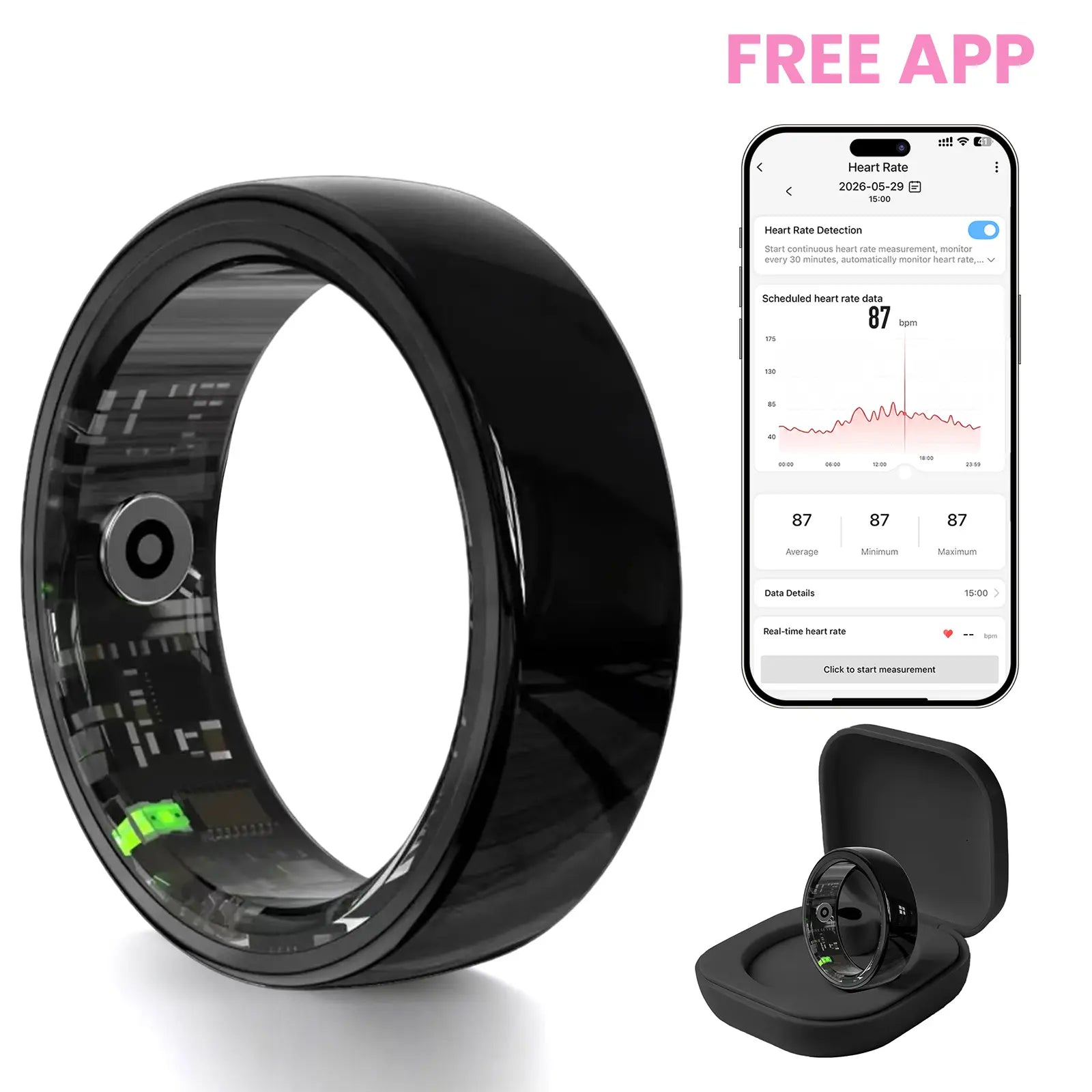 #6-#11 Pink & Black Ceramic Smart Couple Rings for Women & Men, Fitness & Sleep Tracker, Heart Rate & Stress Monitor, Cycle Tracking, IP68 Waterproof, 3–5 Day Battery, Ios & Android Compatible, with Charging Case